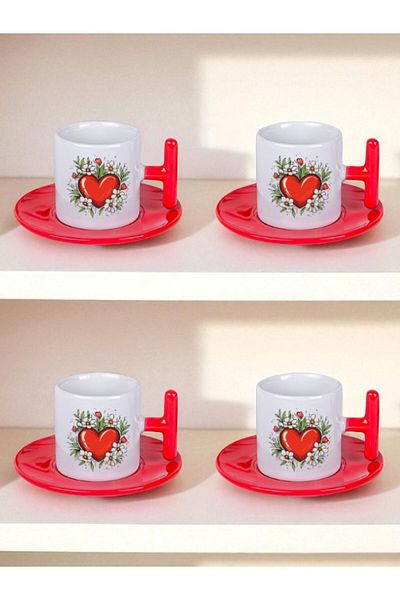lili hediyelik Heart and Flower Printed Set of 4 Turkish Coffee Cups