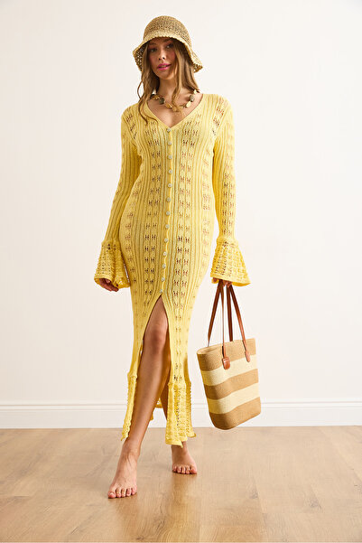 Olalook Kadın Sarı Düğmeli İspanyol Kol Ajurlu Maksi Elbise ELB-19002487