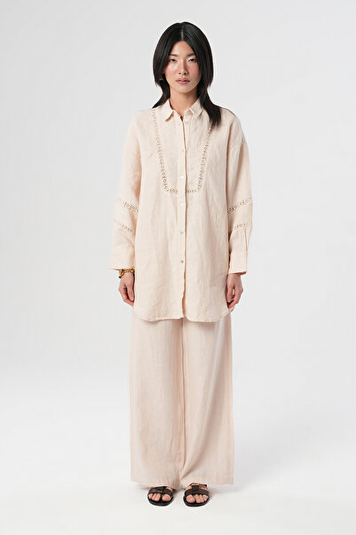 Orfeo Negro Women's Light Beige Color Front Lace Embroidered Shirt