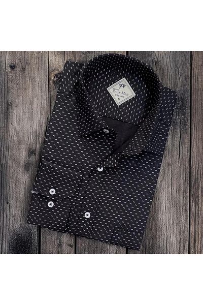GÖMLEK GALERİSİ Men's Classic Wide Relaxed Fit Pocket Digital Print Pattern Long Sleeve Cotton Shirt