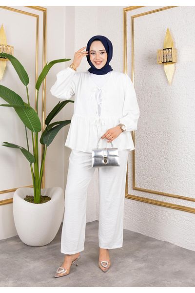 HARMAN BUTİK Women's Tie-Up Strawberry Fabric White Double Suit