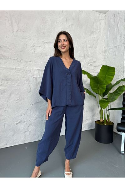 Elif Özbey Butik Navy Blue Single Button Blouse Trousers Set