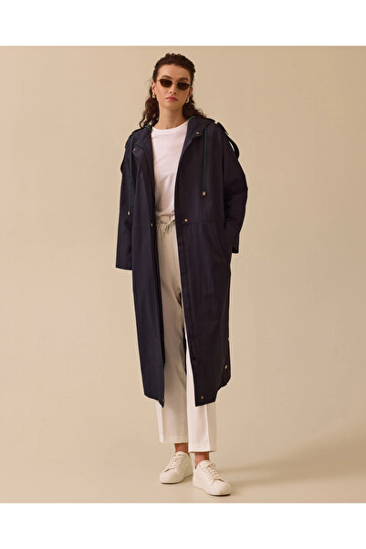 SCL Kapüşonlu Düğme Detaylı Uzun Trençkot