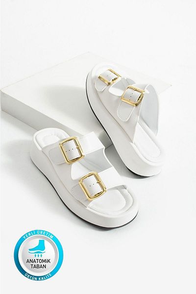 AlbiShoes Calie Women's Anatomical Comfort Two-Strap Gold Detail Buckle Summer Daily Flat Sandals Slippers