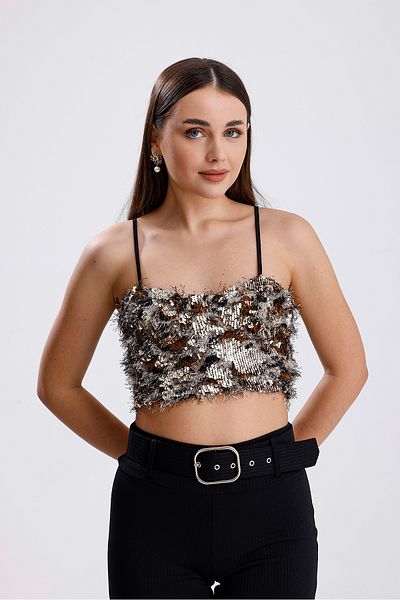 Sense Bearded Sequin Bustier with Glops and Back Zipper |   Bust34594 Gold-Brown