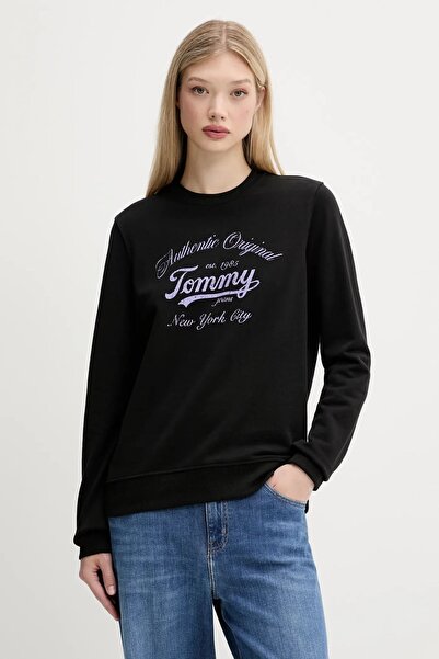 Tommy Hilfiger Kadın Regular Fit Grafik Logolu Sweatshirt - Siyah