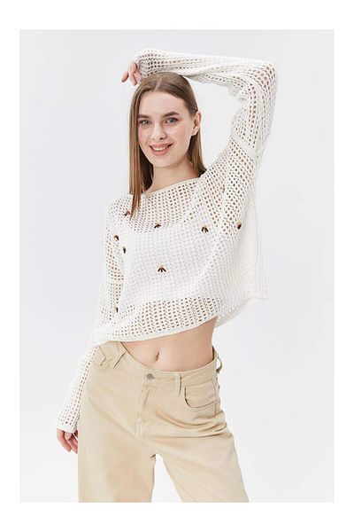 Coral Sequin Embroidered Boat Neck Knitwear Ecru