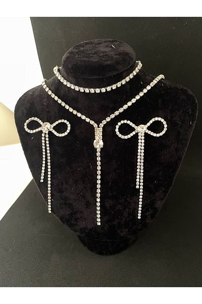 HKN AVM ACCESSORİES مجموعة فستان سهرة مع أقراط على شكل فيونكة من Su Yolu
