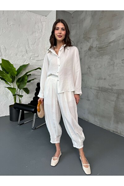 Elif Özbey Butik Premium Fabric White Shirt Trousers Set