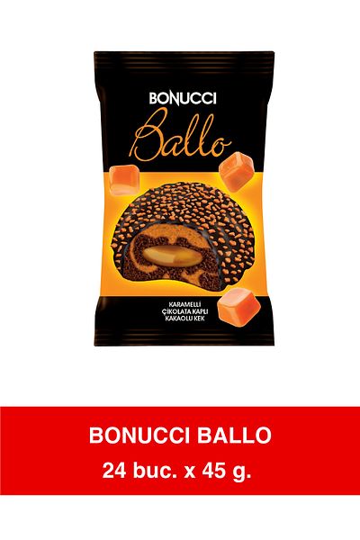 Bonucci Ballo – Cake with cocoa, chocolate glaze and caramel cream 45g x 24 pieces