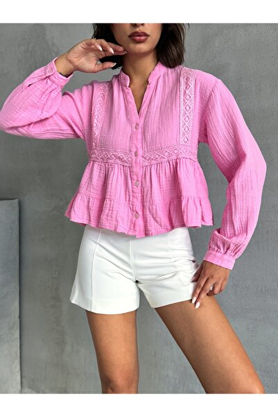 BEJNA Cămașă de damă din muselină cu dantelă roz