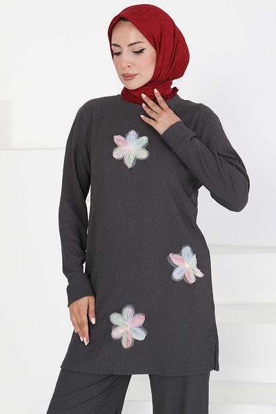 TOFİSA Flower Detailed Double Suit Anthracite - 27371