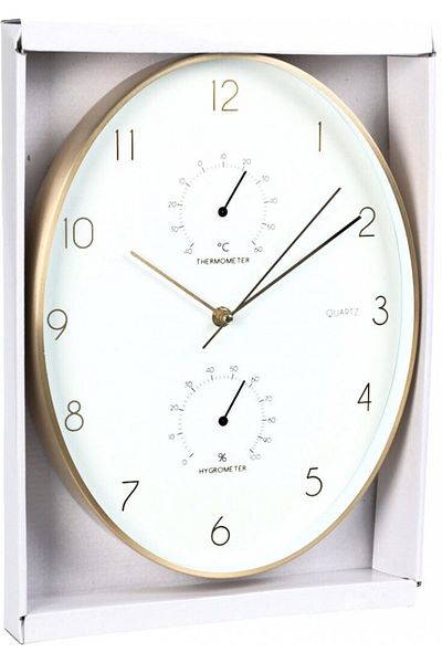 Excellent Wall clock with thermometer and hygrometer, gold frame, 34.5 cm