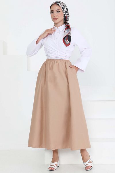 TOFİSA Linen Skirt with Pockets Mink - 27294