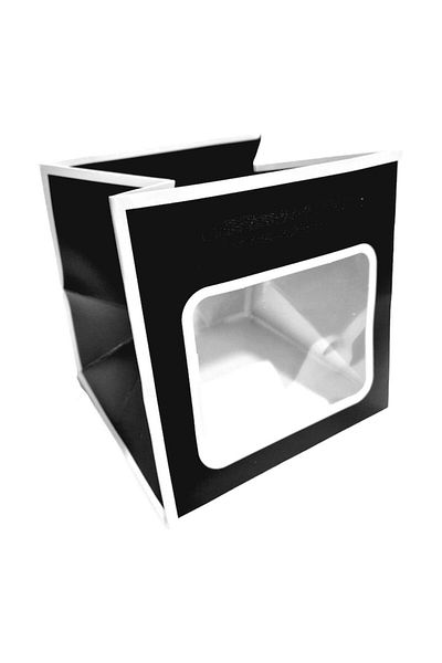 OEM Gift bag made of cardboard paper, window model, square base, black and white, 20x20x20 cm