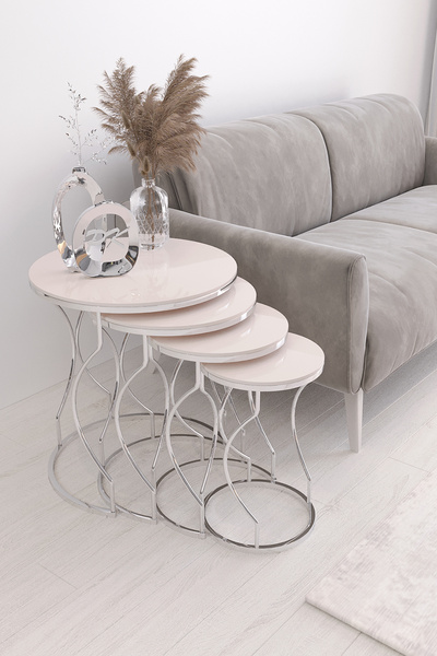 Puklife Rüya 4lü Zigon Sehpa Gümüş Metal Ayak, Krem Renk Parlak Yüzey Mdf