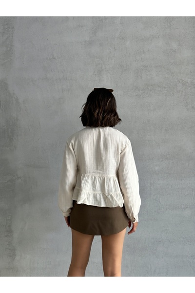 BEJNA Women's Beige Lace Detailed Muslin Shirt