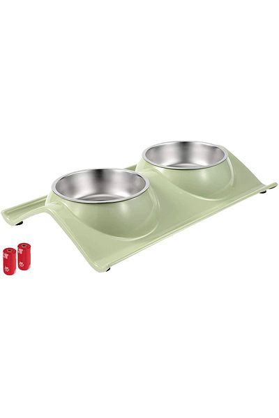 FizioTab Castron Hranire cu 2 Boluri Inox, FizioTab® – Pentru Caini de Talie Mica si Pisicute, Verde