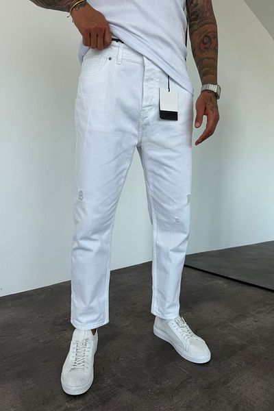 MADZEYMODA Λευκό τζιν ύφασμα με σχισμένη λεπτομέρεια Boyfriend Fit Ανδρικό τζιν παντελόνι KE-394