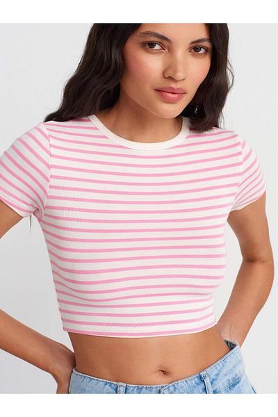 Coral Striped Crop Top Ecru - Pink