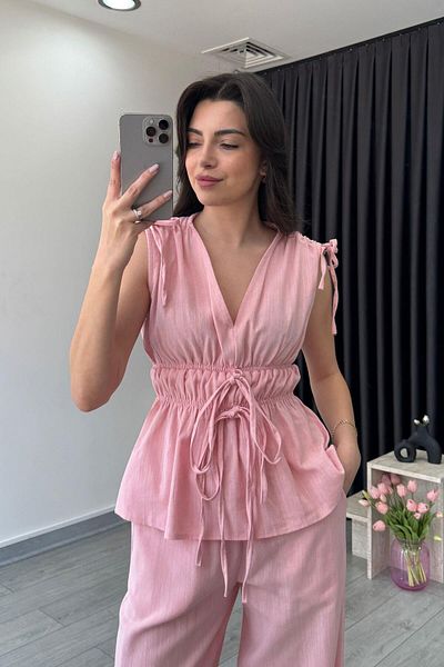 ECEMİ Elina Linen Textured Pink Blouse Trousers Set