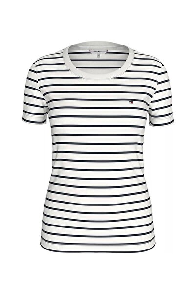 Tommy Hilfiger Γυναικείο T-shirt με λαιμόκοψη Ριγέ Βαμβάκι - Λευκό/Μπλε σκούρο