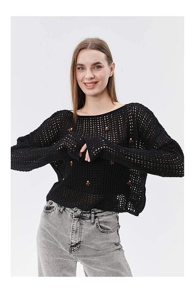 Coral Sequin Embroidered Boat Neck Sweater Black