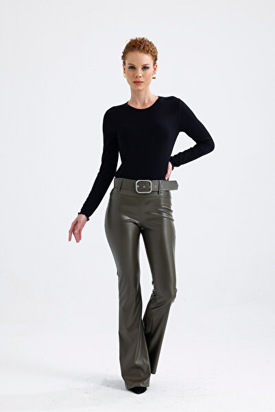 Sense Kemerli İspanyol Paça Suni Deri Pantolon PNT33313 Hakı