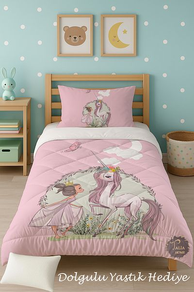 Talia Home Pink Princess and Horse Patterned Single Children's Quilt Sleeping Set Tlag-324