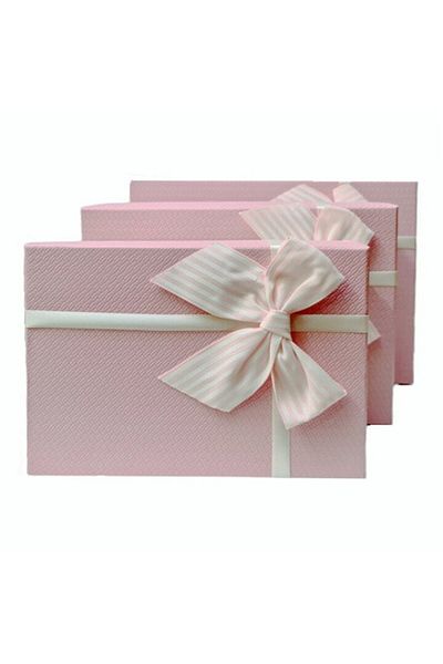 OEM Set 3 gift boxes in rectangular shape with striped textile ribbon, cream with pink lid 17.5-22.5 cm
