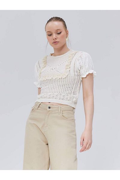 Coral Short Poplim Sleeve Knitwear Blouse Ecru