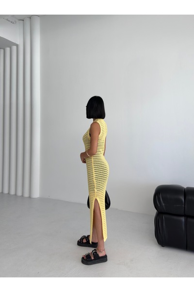 Zenea Κίτρινο πλεκτό φόρεμα παραλίας που ταιριάζει στο διάτρητο σώμα