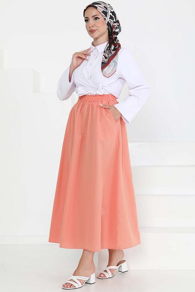 TOFİSA Pocketed Linen Skirt Coral - 27294