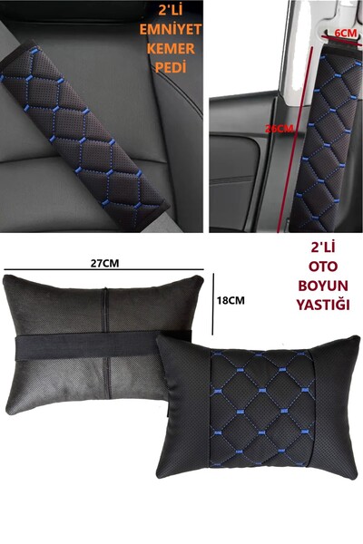 AYAZGRUP 2'Li Emniyet Kemer Pedi&2'Li Oto Boyun Yastığı Nokta Desenli Deri Ma...