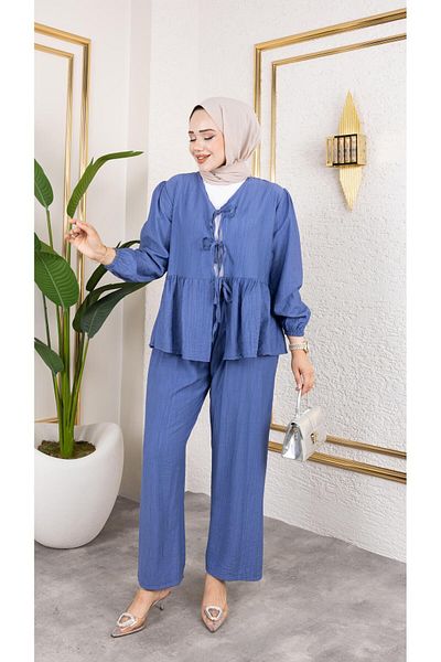 HARMAN BUTİK Women's Tie-Up Strawberry Fabric Blue Double Suit