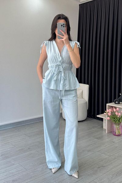 ECEMİ Elina Linen Textured Blue Blouse Trousers Set