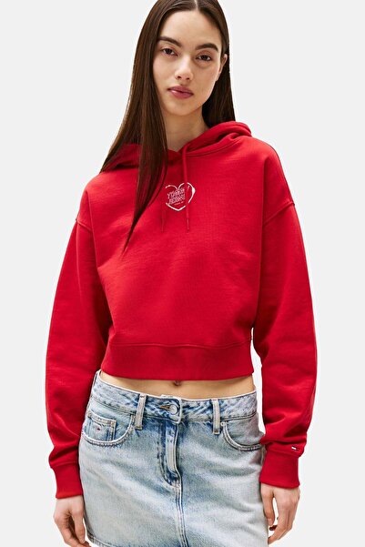 Tommy Hilfiger Kadın Relaxed Fit Sırtı Kalp Baskılı Cropped Sweatshirt - Kırmızı