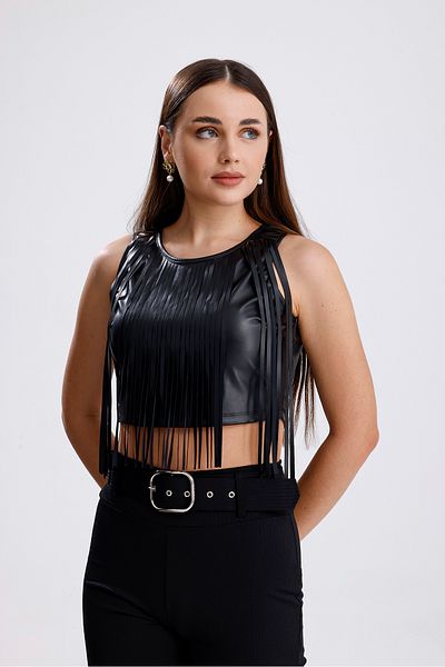 Sense Pu Leather Bustier με φούντα με φερμουάρ στην πλάτη |   BUST35952 Μαύρο