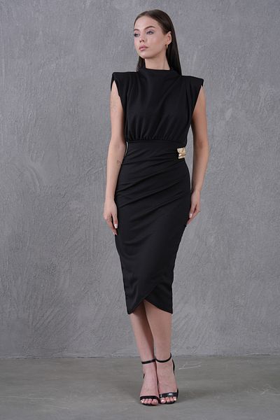 vuvutasarım Women's Black Crepe Fabric Stand Collar Accessory Detail Draped Midi Evening Dress Graduation Dress 4409