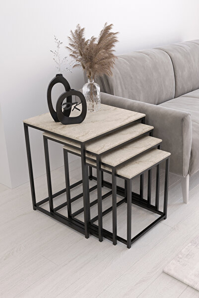 Puklife Duru 4'lü Kare Zigon Sehpa Seti Siyah Renk Ayak, Traverten Mdf