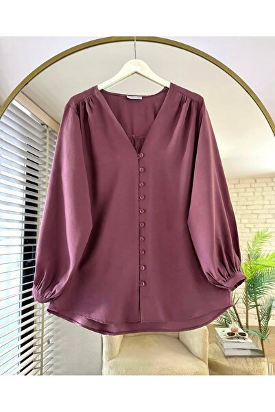 Bahar Altundemir Women's Tiny Button Detailed V-Neck Balloon Sleeve Burgundy ...
