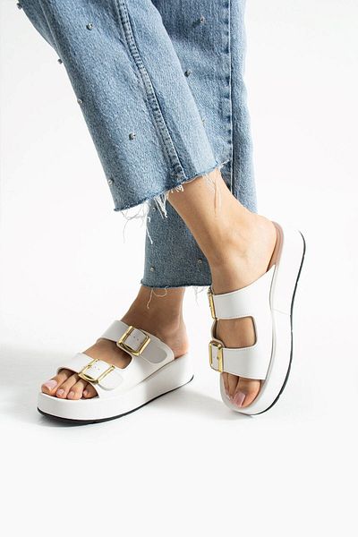 AlbiShoes Calie Women's Anatomical Comfort Two-Strap Gold Detail Buckle Summer Daily Flat Sandals Slippers