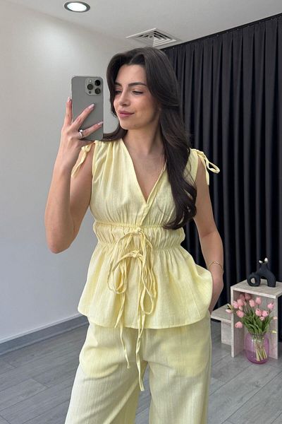 ECEMİ Elina Linen Textured Yellow Blouse Trousers Set