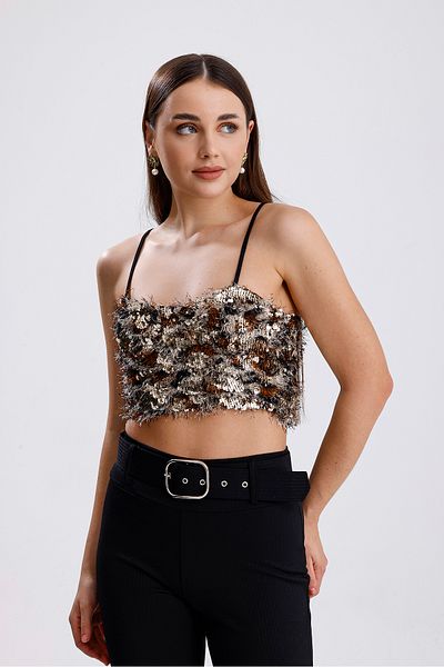 Sense Bearded Sequin Bustier with Glops and Back Zipper |   Bust34594 Gold-Brown