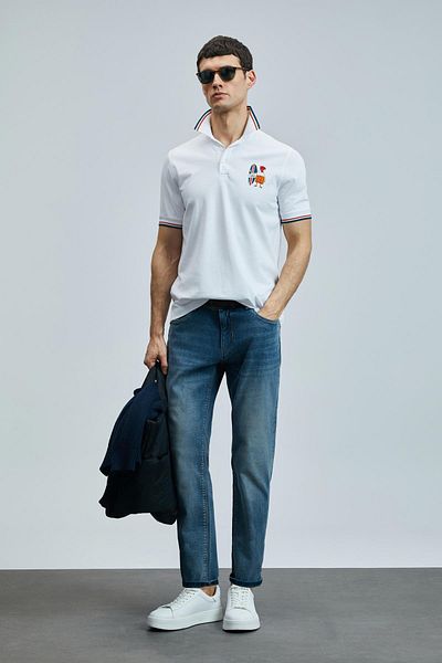 Lufian Tricou alb cu gât polo pentru bărbați Sansa (111040218)