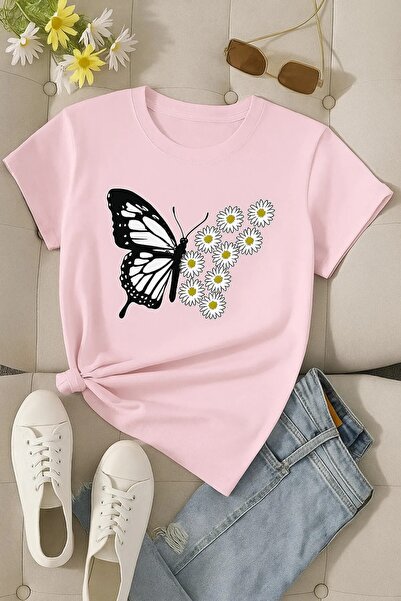 H&GHAMLEGİYİM Μπλουζάκι Unisex Oversize με στάμπα πεταλούδας και μαργαρίτες.