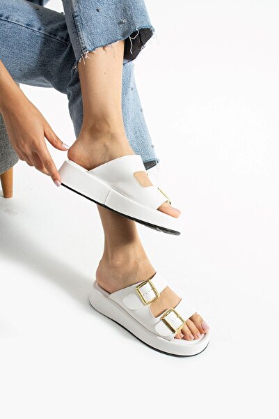 AlbiShoes Calie Women's Anatomical Comfort Two-Strap Gold Detail Buckle Summer Daily Flat Sandals Slippers