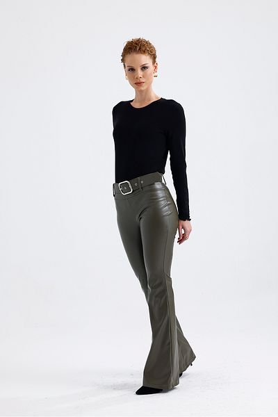 Sense Belted Spanish Leg Faux Leather Trousers Pnt33313 Haki