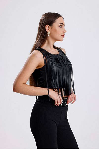 Sense Pu Leather Bustier με φούντα με φερμουάρ στην πλάτη |   BUST35952 Μαύρο