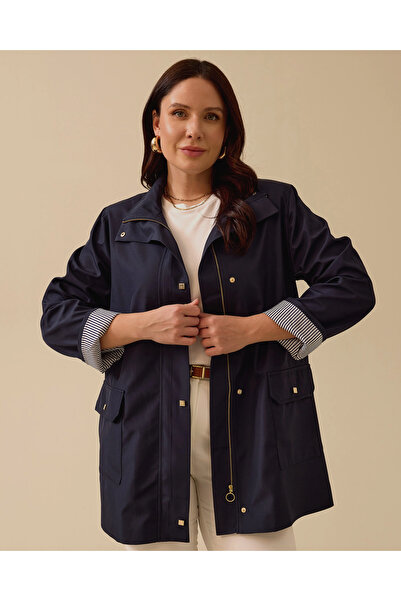 Gala-Xi Büyük Beden Şerit Astarlı Cepli Trençkot
